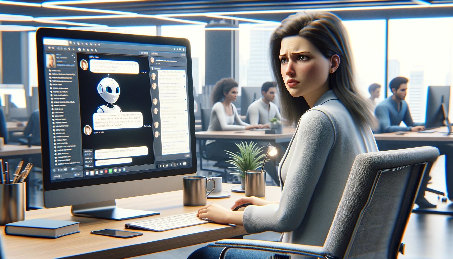 DALL·E 2024-03-15 16.42.01 - Create a photorealistic scene in a modern, brightly lit office. In the foreground, a young woman sits at her desk, looking skeptically at her computer