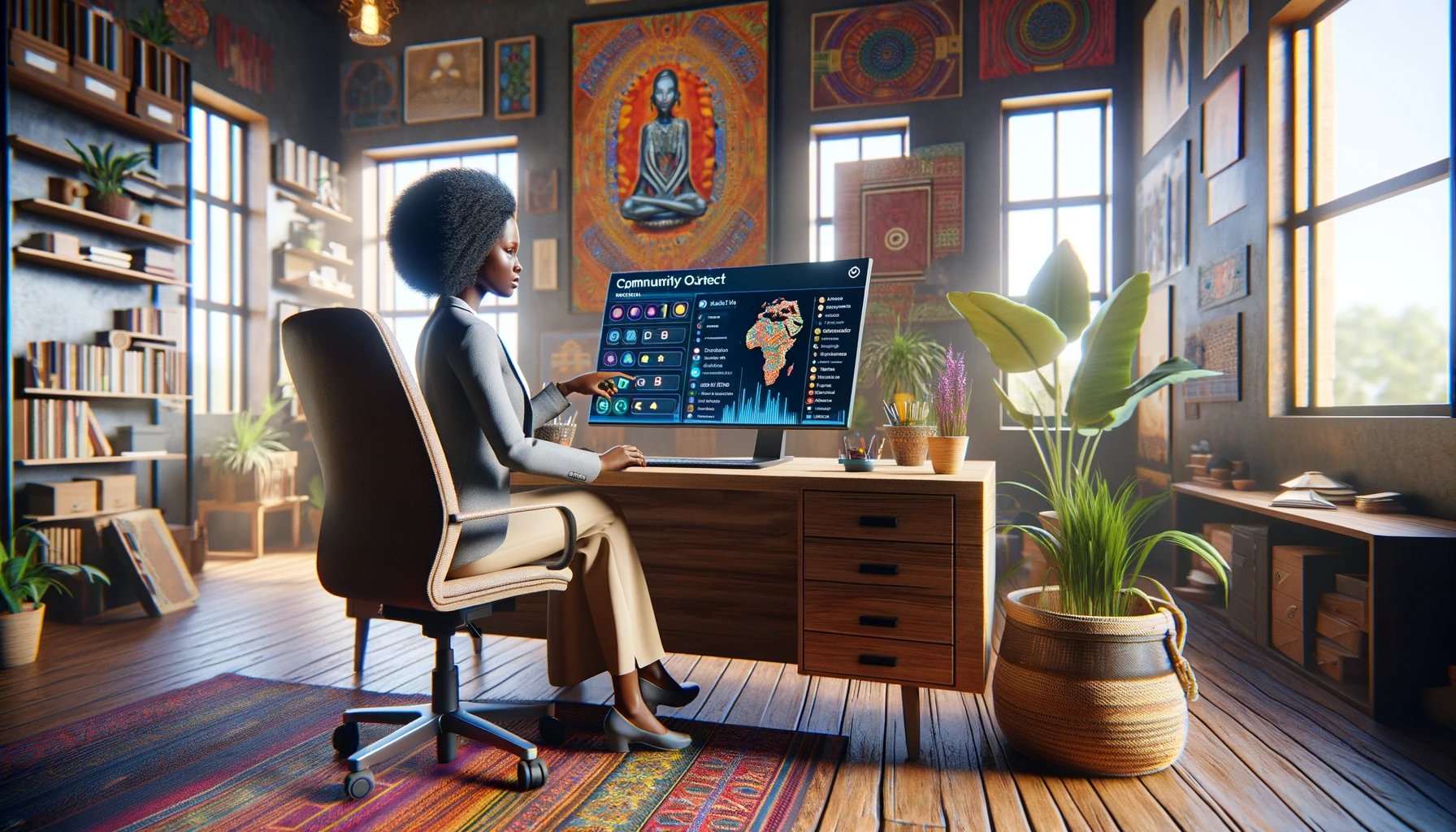 DALL·E 2024-03-15 16.47.31 - Create a photorealistic scene in a vibrant, well-lit African office setting. In the foreground, a young woman is seated at her desk, engaging deeply w