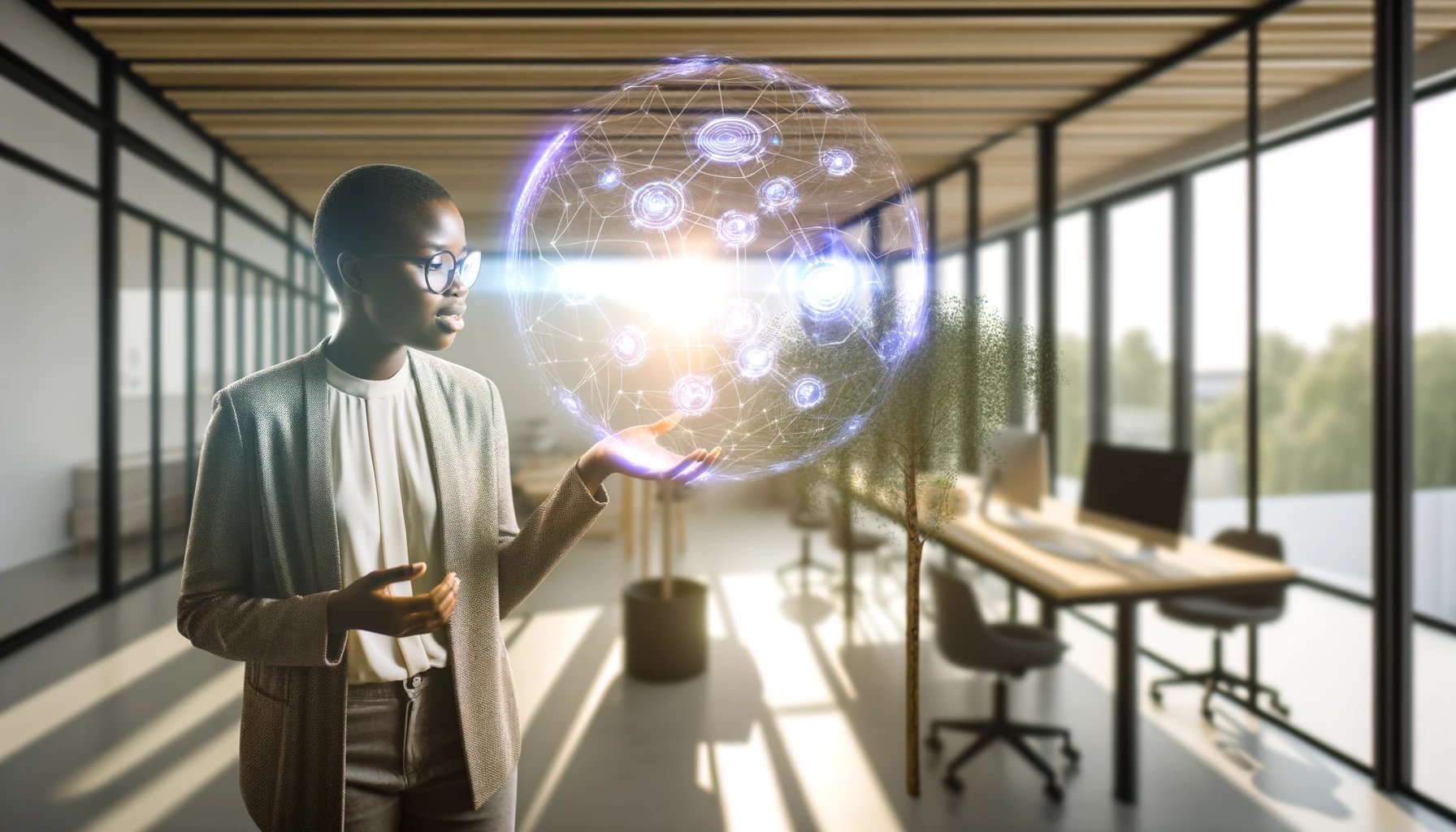 DALL·E 2024-03-22 15.14.48 - In a modern, sunlight-filled office, a young African American entrepreneur is engaging with an advanced AI interface, represented by a glowing, ethere