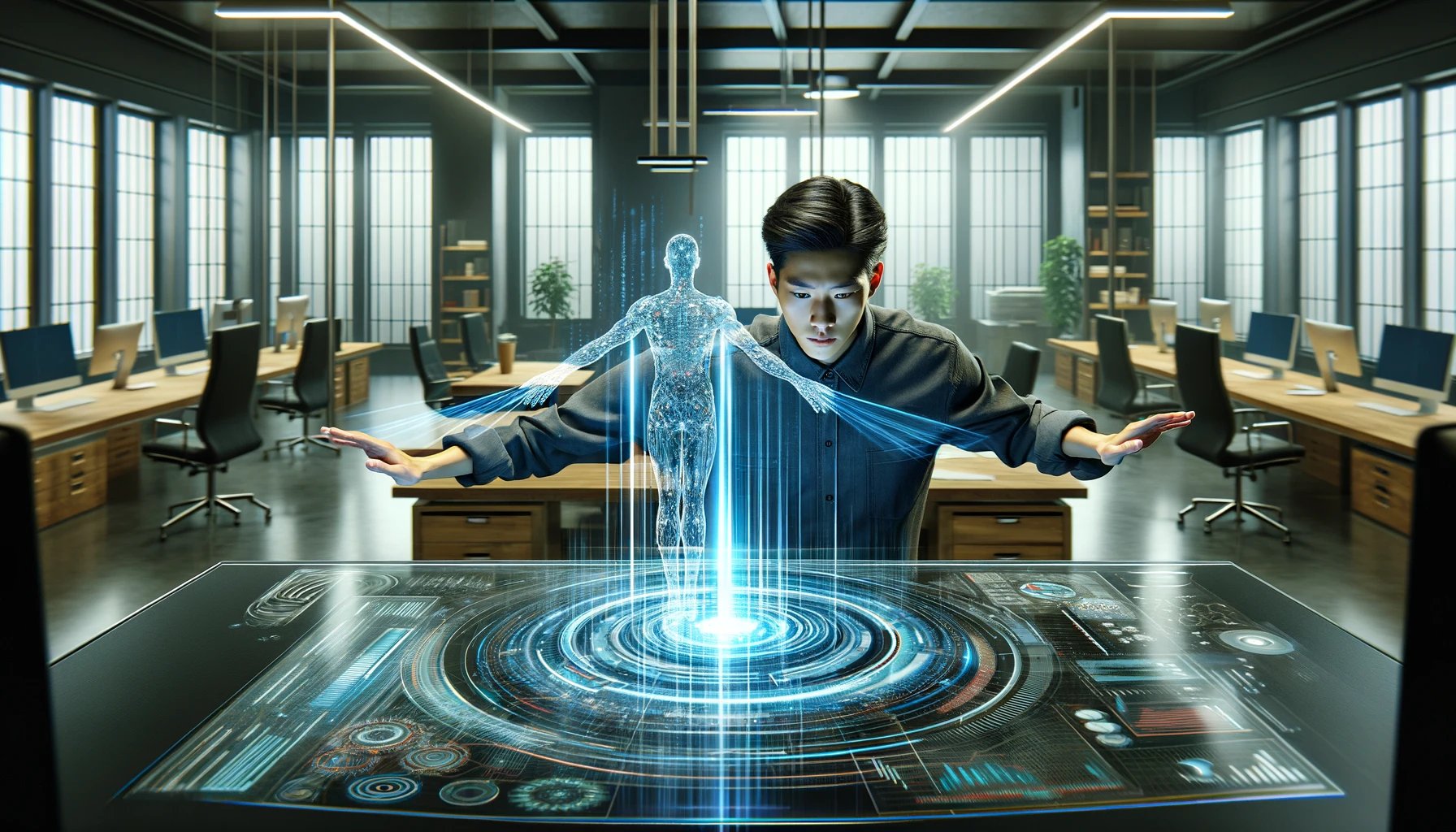 DALL·E 2024-03-22 15.20.50 - In a cutting-edge, futuristic workspace, a young Asian American entrepreneur is portrayed with arms outstretched, focusing intently on a holographic d