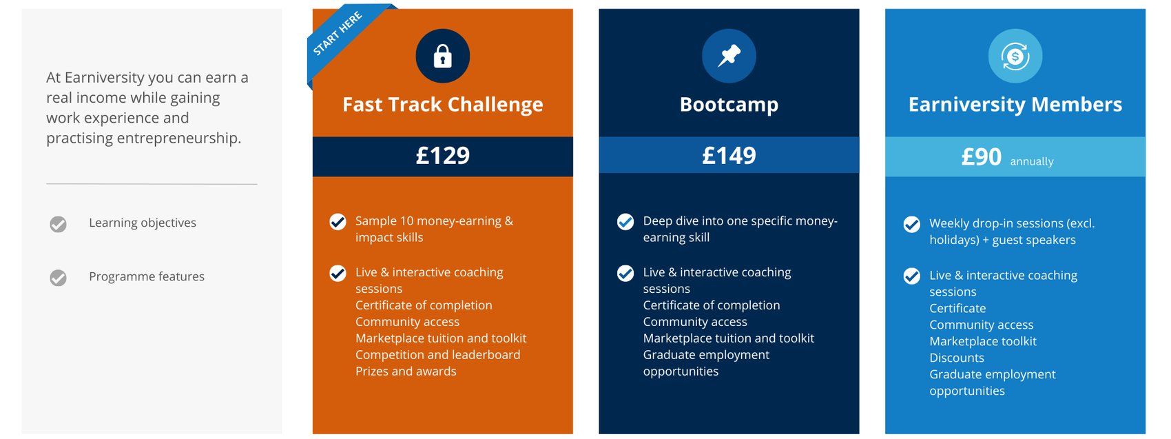 pricing-table for FTC, bootcamp and memberships